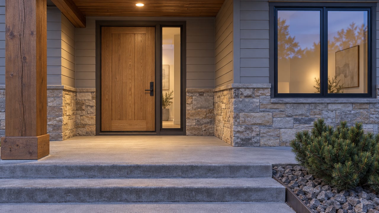 Covered home entry with an oak door, stone base, timber porch post and broad concrete steps at blue hour.