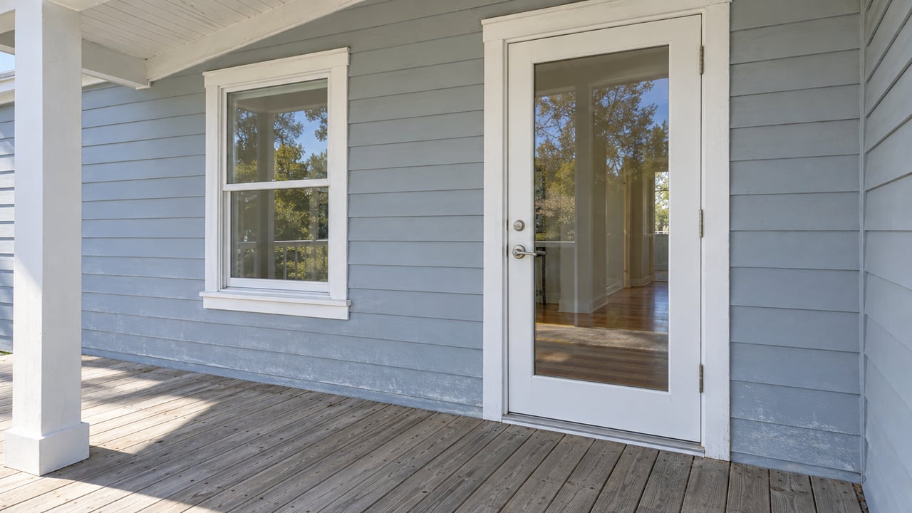 Sunlit elevated timber porch with weathered gray decking, pale blue-gray siding and a closed glazed entry door.