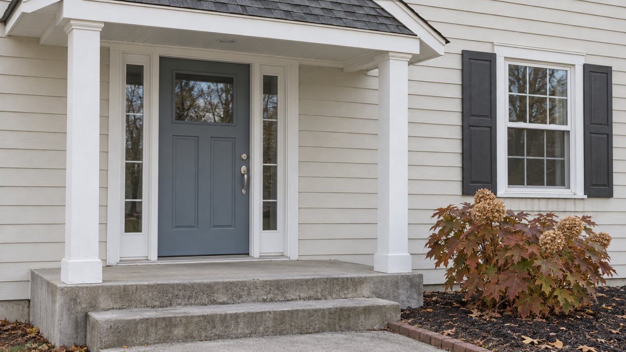 Cream-sided home with a blue-gray front door, white entry portico, weathered concrete steps and russet oakleaf hydrangea.