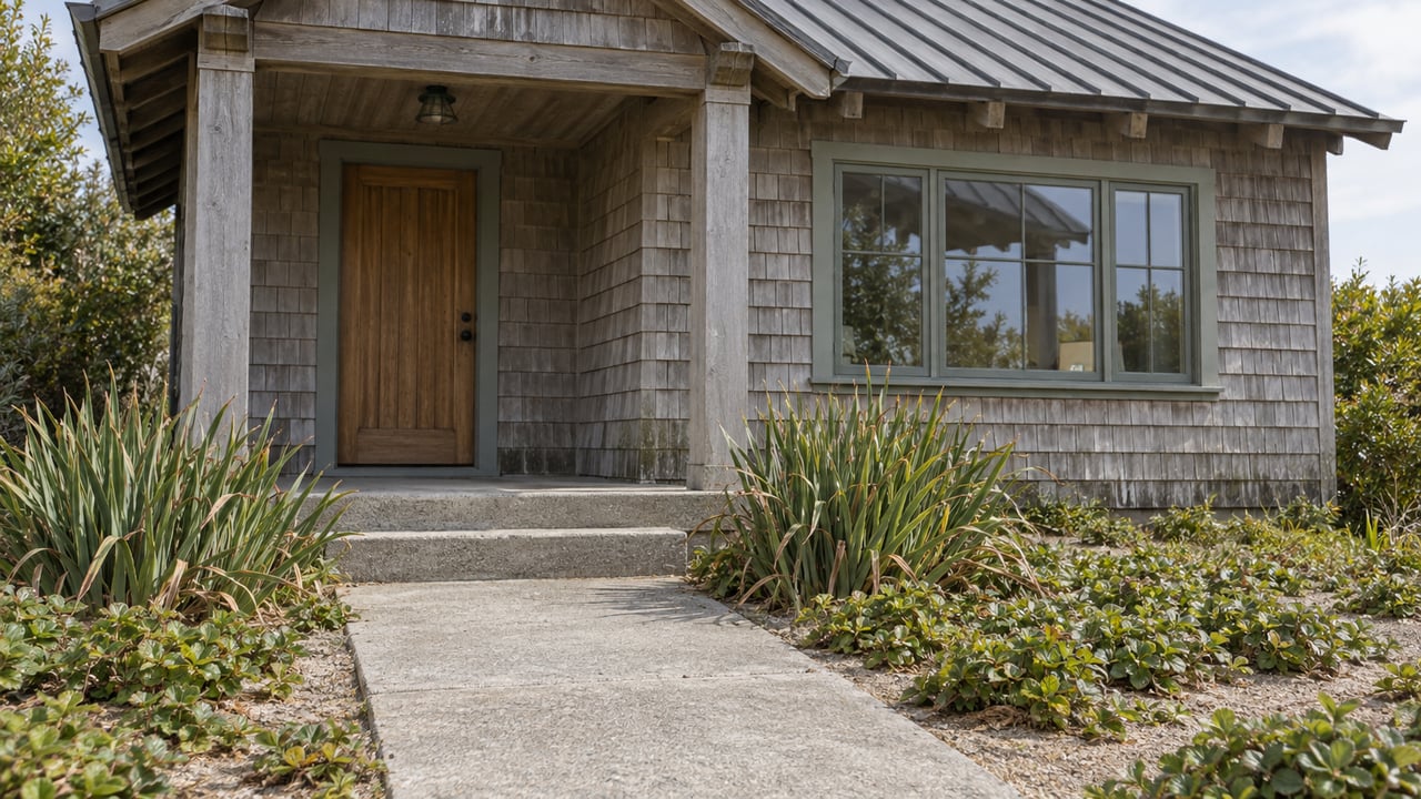 Weathered cedar cottage with a sheltered entry, gray-green window trim, and a concrete garden path bordered by coastal iris and beach strawberry.