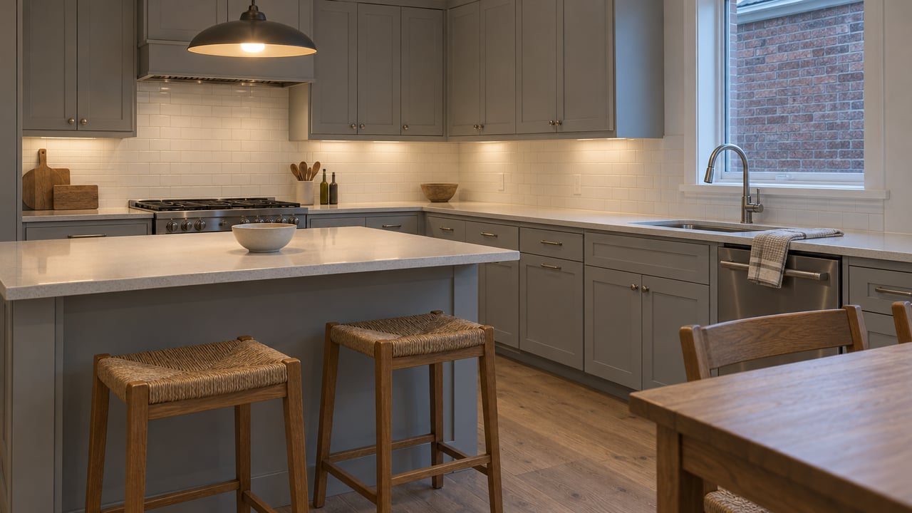 Gray kitchen cabinets, a light quartz island and two woven-seat oak stools in a softly lit renovated home.
