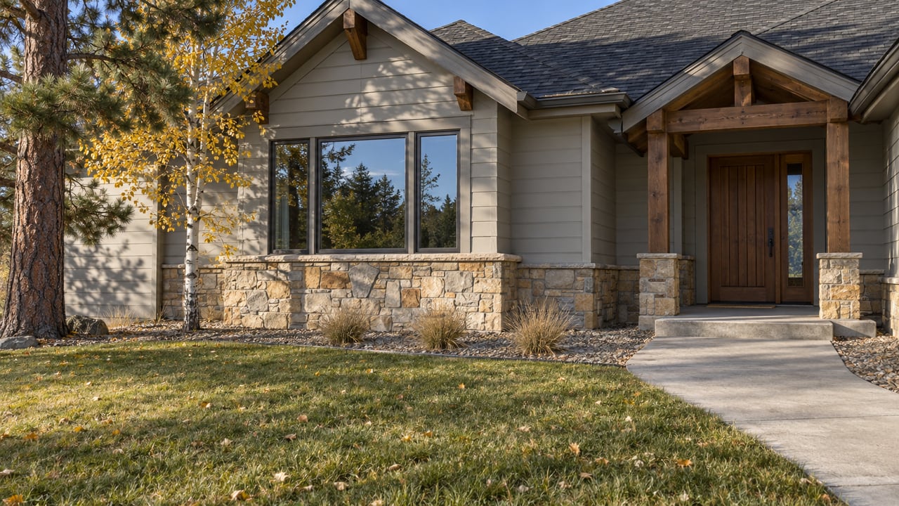Autumn sunlight on a light-sided home with a sandstone bay, recessed timber entry, golden aspen leaves and a broad front lawn.