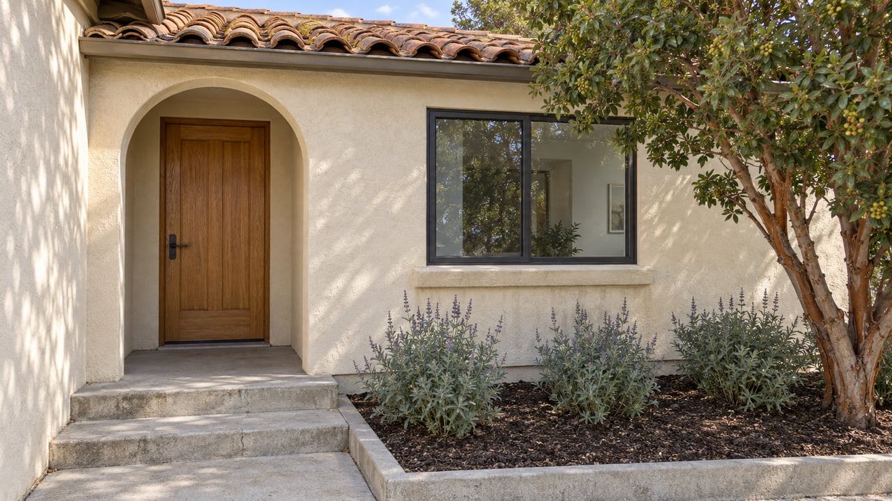 Sunlit ivory stucco entry with terracotta roof tiles, an oak door, concrete steps and a planted bed of sage beneath a strawberry tree.