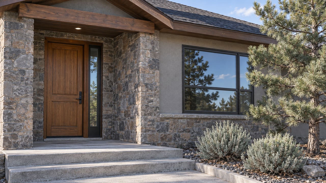 Close view of a stucco and stone home entrance beneath a timber-trimmed gable, with concrete steps and a sculptural pinyon pine.