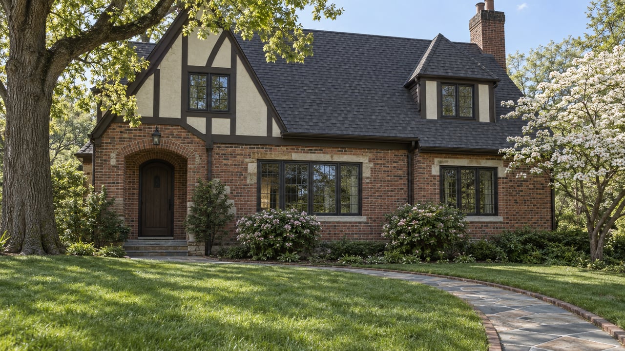 Brick Tudor house with a steep charcoal roof, oak canopy, and curved flagstone path across a broad lawn.
