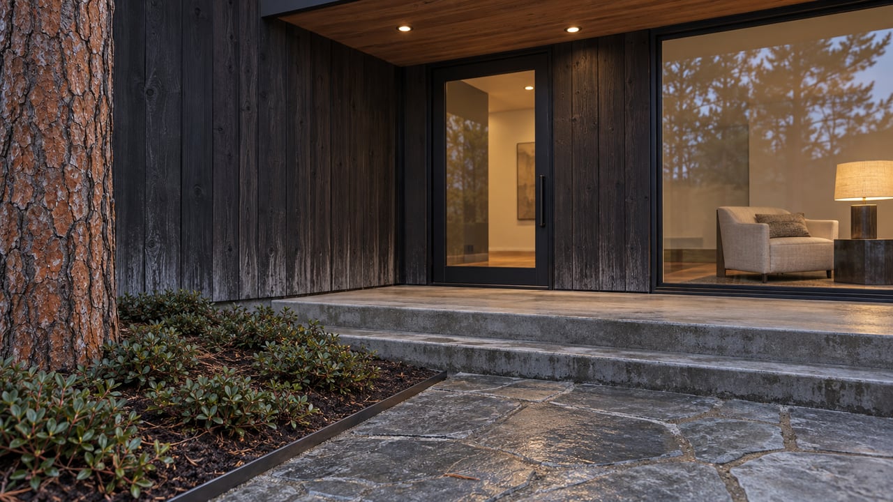 Dark cedar home entrance with warm enclosed glazing, gray stone paving and low bearberry planting at twilight.