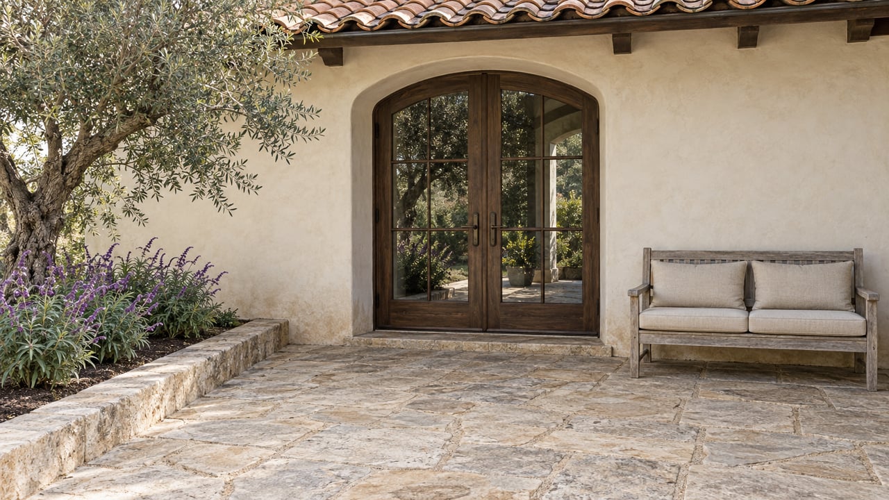 Cream stucco terrace with an arched oak-and-glass double door, worn sandstone paving, a teak bench, and an olive tree beside violet sage.