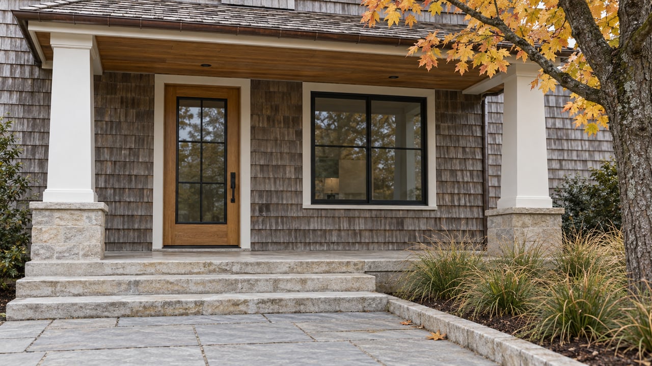 Weathered cedar-shingled home with a covered oak entry, black-framed glazing, limestone steps and yellow-orange maple leaves.