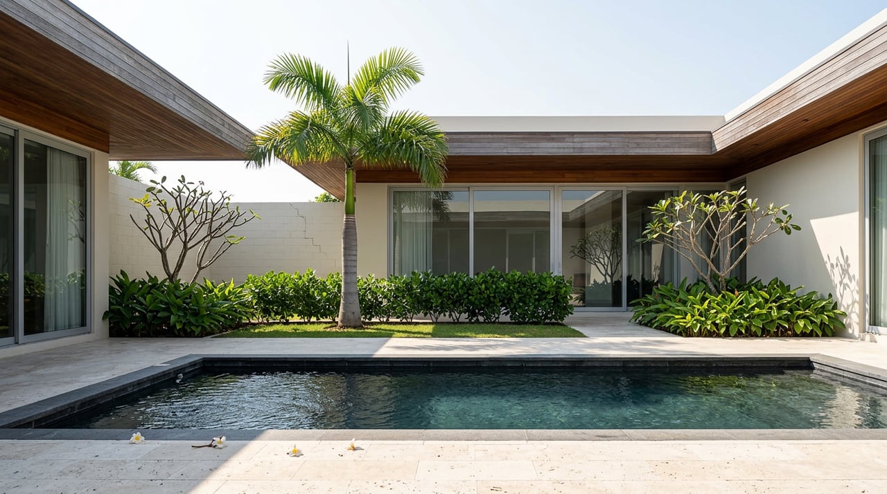 Travertine pool and deck frame a tropical courtyard with a royal palm, clipped hedge, and glass-fronted villa wing.