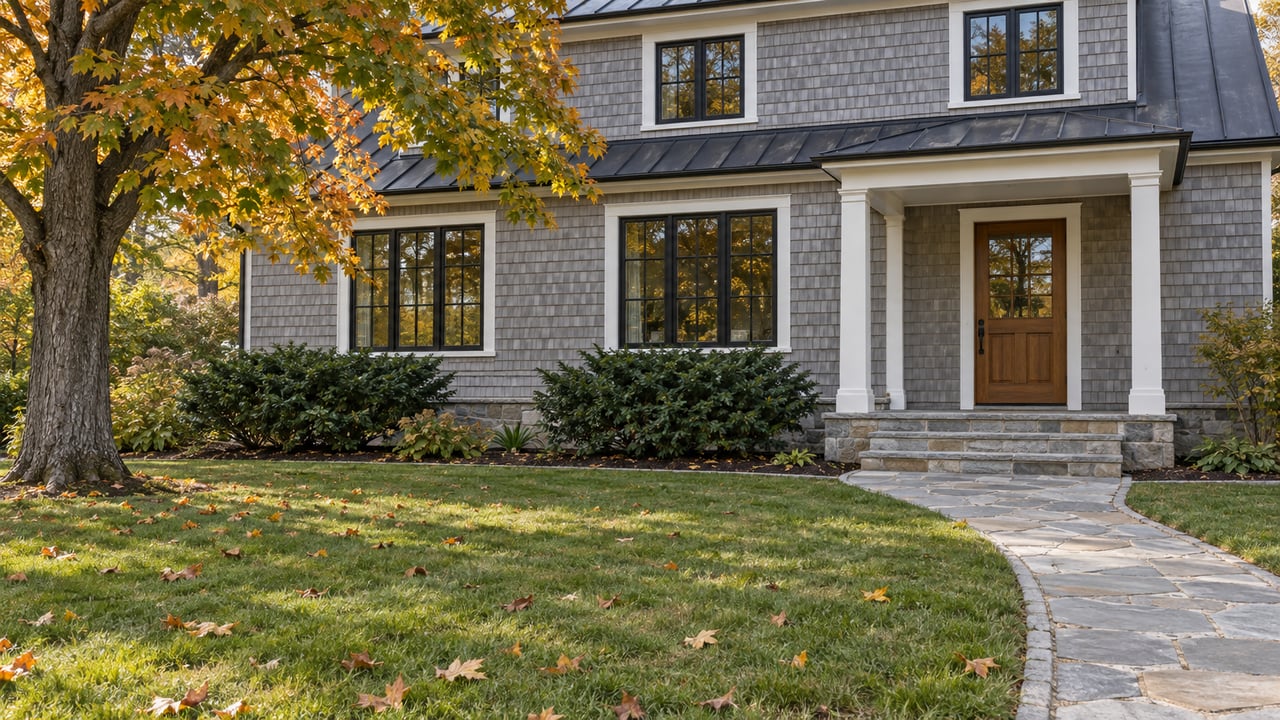 Weathered cedar cottage with black-framed windows, limestone entry steps and a broad autumn lawn beneath a mature maple.