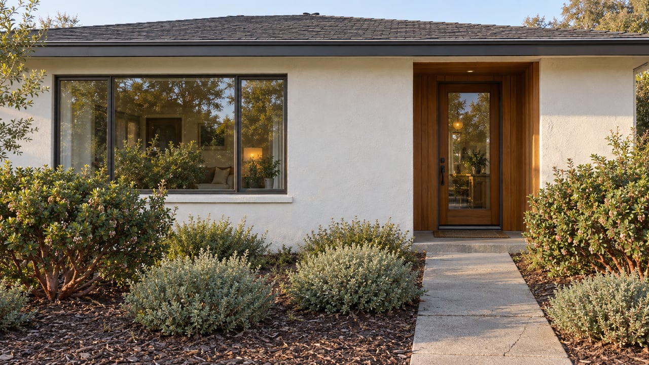 Off-white stucco house behind a narrow garden path, flanked by rounded shrubs and low mounds.