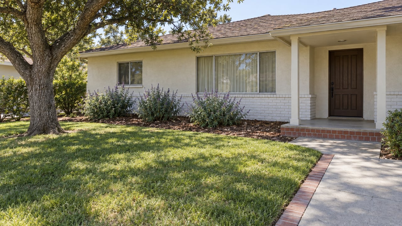 An established oak shades the front lawn of a cream stucco ranch with white brick, a dark wood door, and a brick-edged concrete walk.