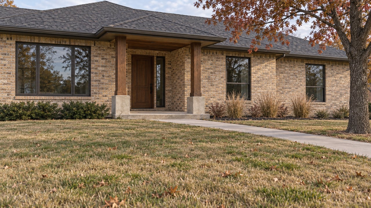 Updated buff-brick home with an oak-post porch, deep dormant lawn and a rust-leaved oak in soft autumn daylight.