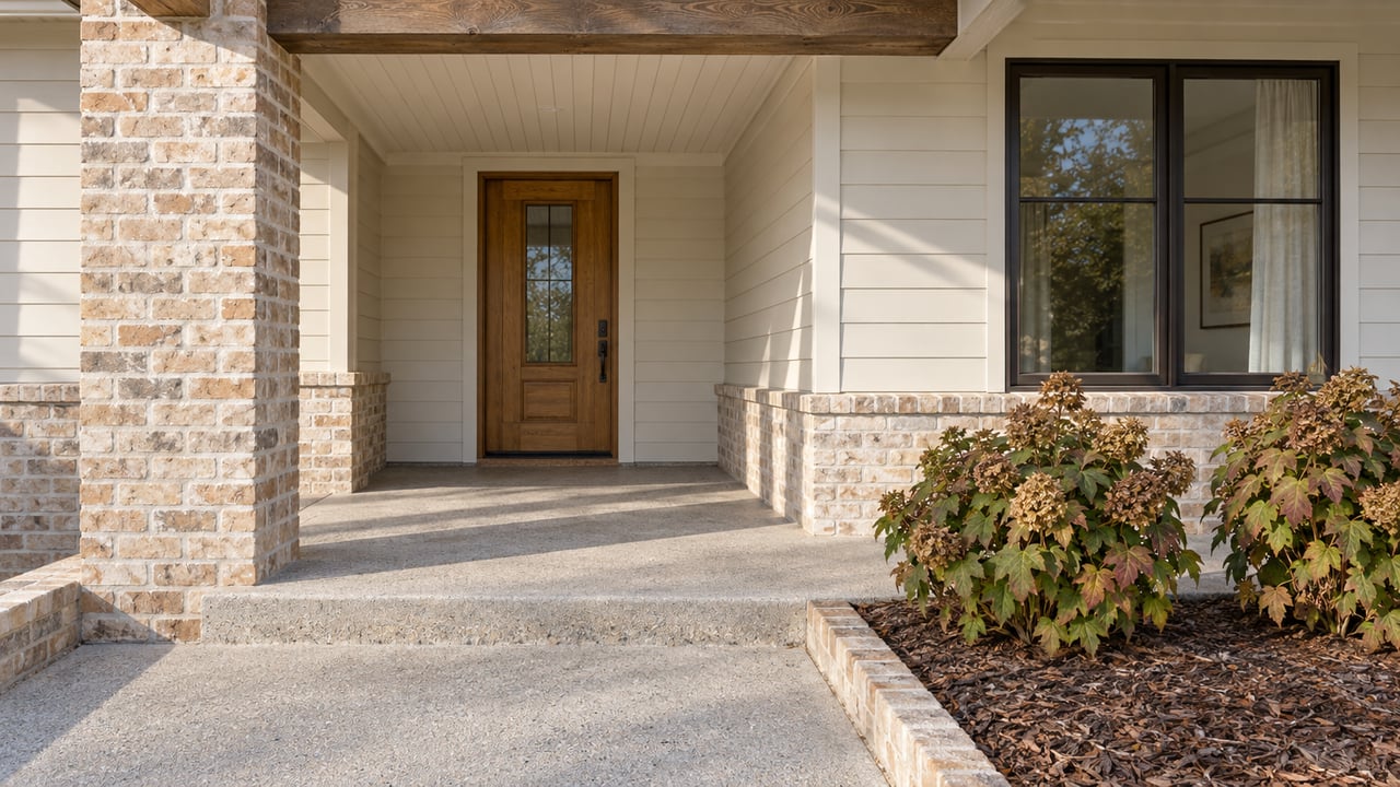 Covered home entry with a timber beam, buff brick column, oak door and oakleaf hydrangeas beside a concrete approach.