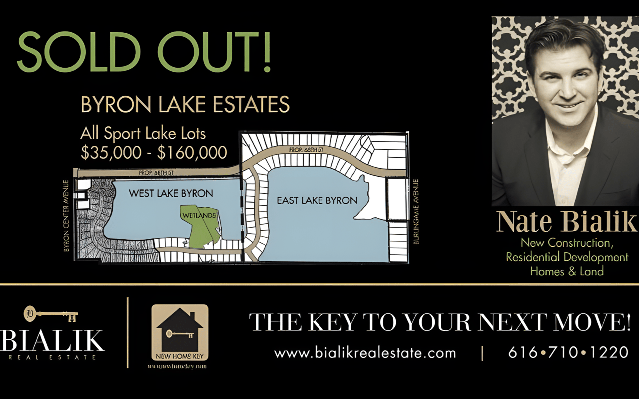 Byron Lake Estates sold-out announcement with a development map and Nate Bialik’s portrait.