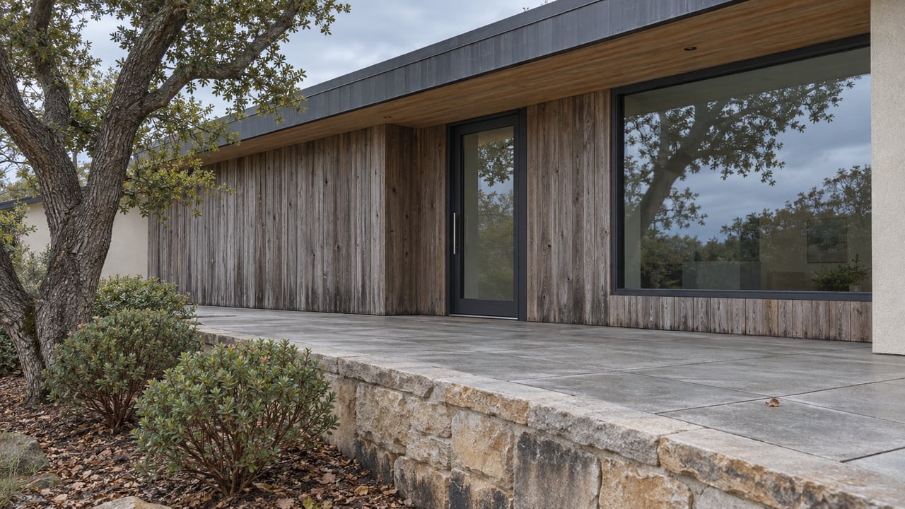 A sheltered contemporary home entrance with weathered cedar siding, charcoal-framed glass, gray terrace paving and a sandstone retaining edge beside an oak tree.