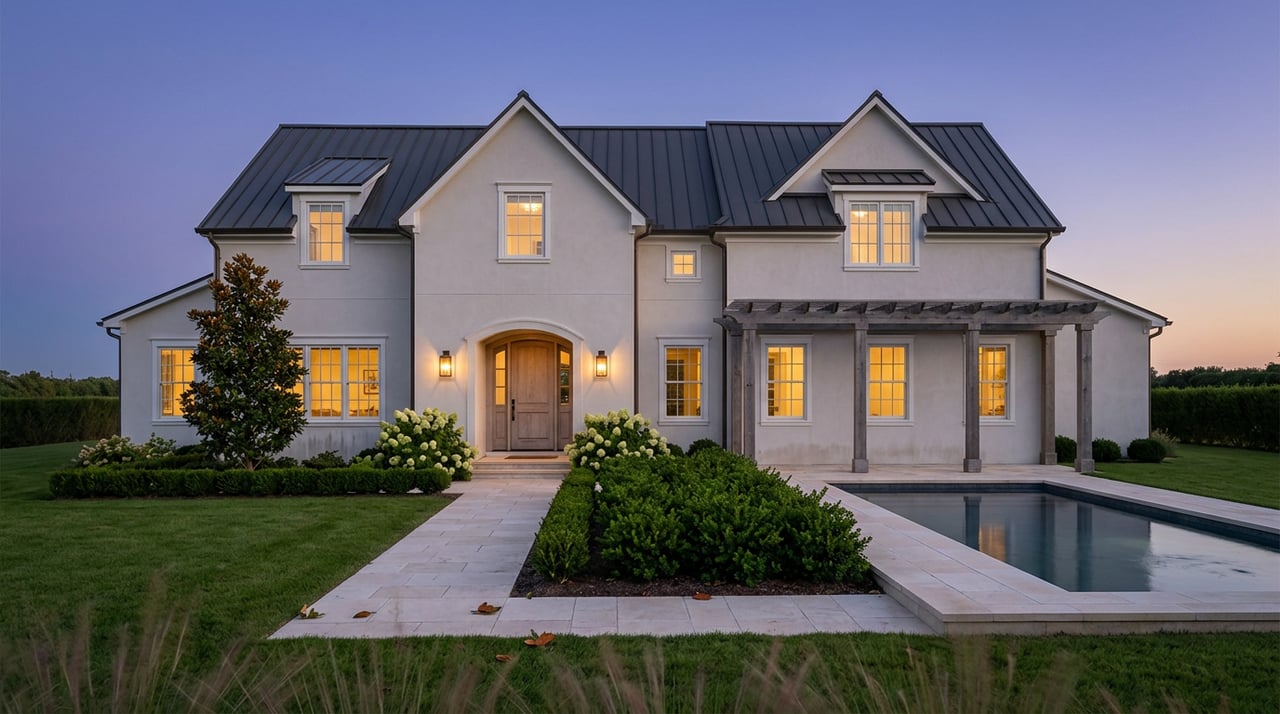 Two-story plaster home with twin gables, glowing windows, an arched entry, and a recessed pool beside a pergola.