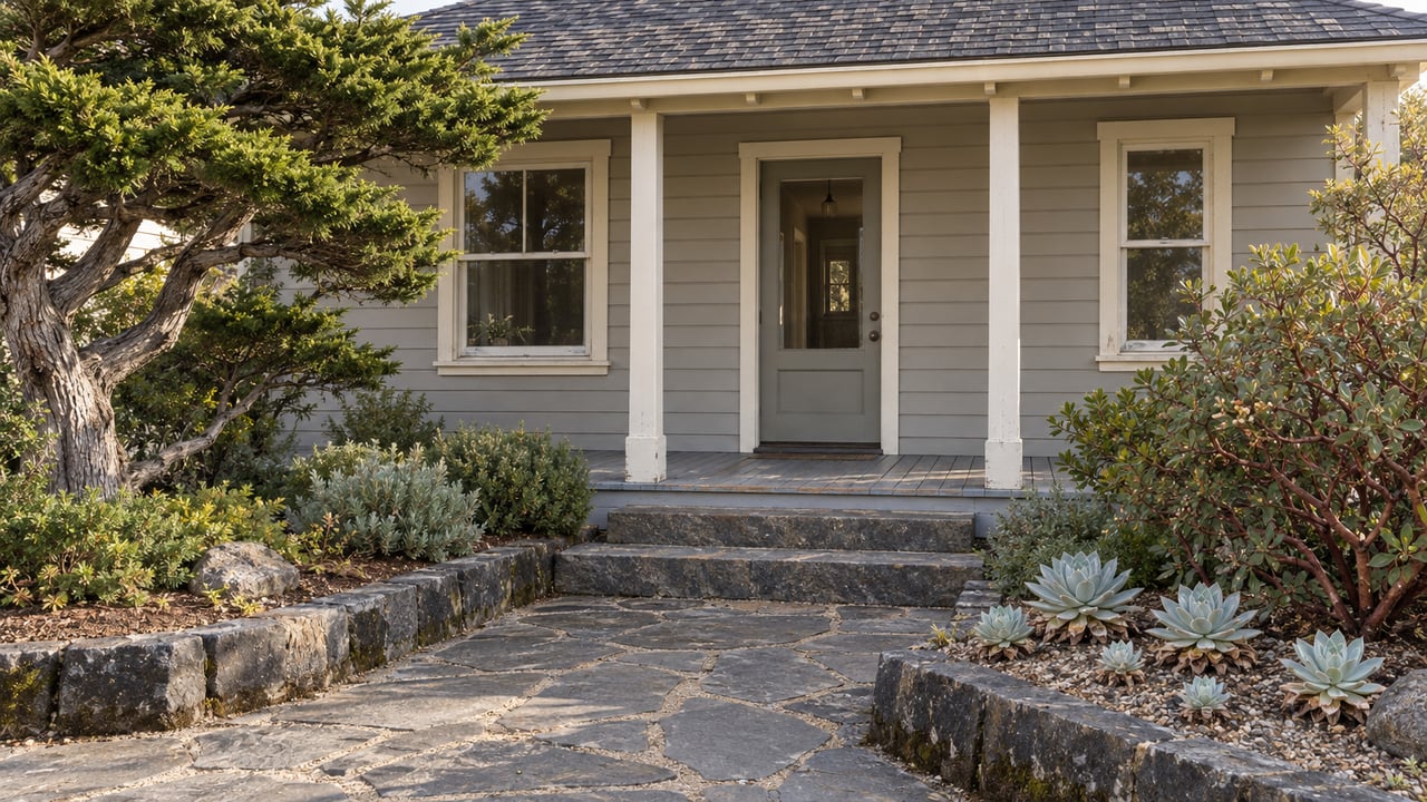 Weathered gray timber cottage with glazed entry, stone steps and a small garden of sculptural cypress, manzanita and succulent rosettes.