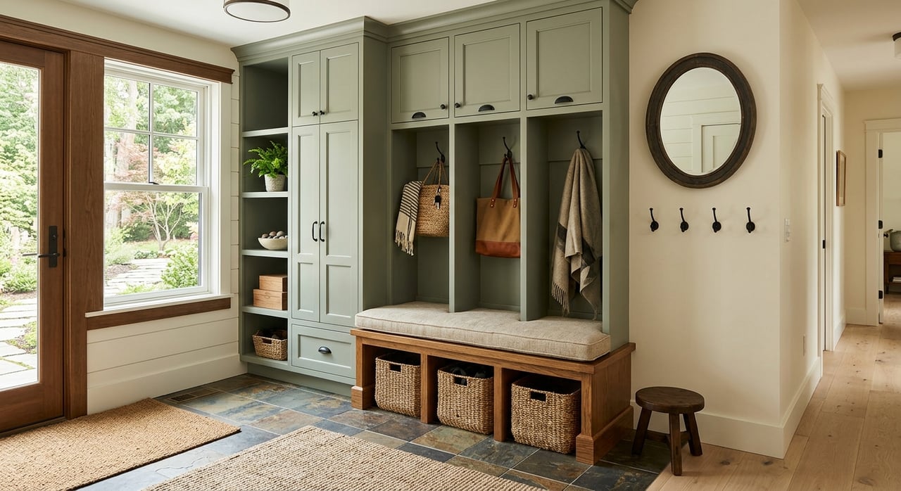 Greige mudroom built-ins with a walnut bench, black coat hooks, slate floor, and a potted fiddle-leaf fig.