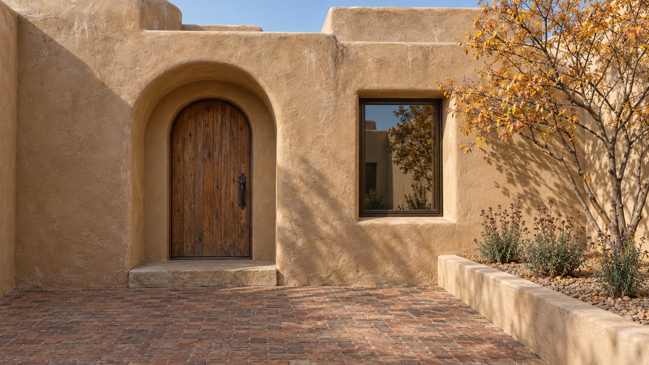 Sunlit camel-stucco home enclosing a worn brick courtyard, with a recessed cedar door and an autumn serviceberry tree.