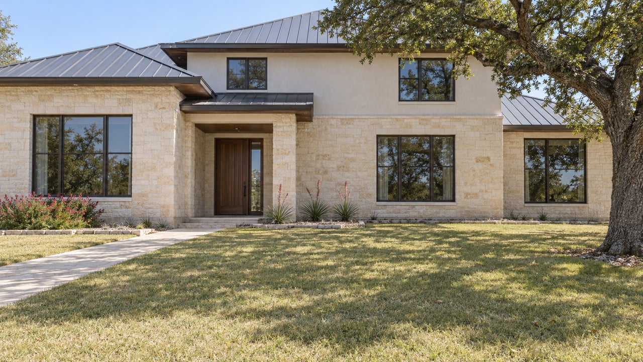 Limestone and ivory-stucco home with bronze-framed windows, a deep front lawn, and a mature live oak.