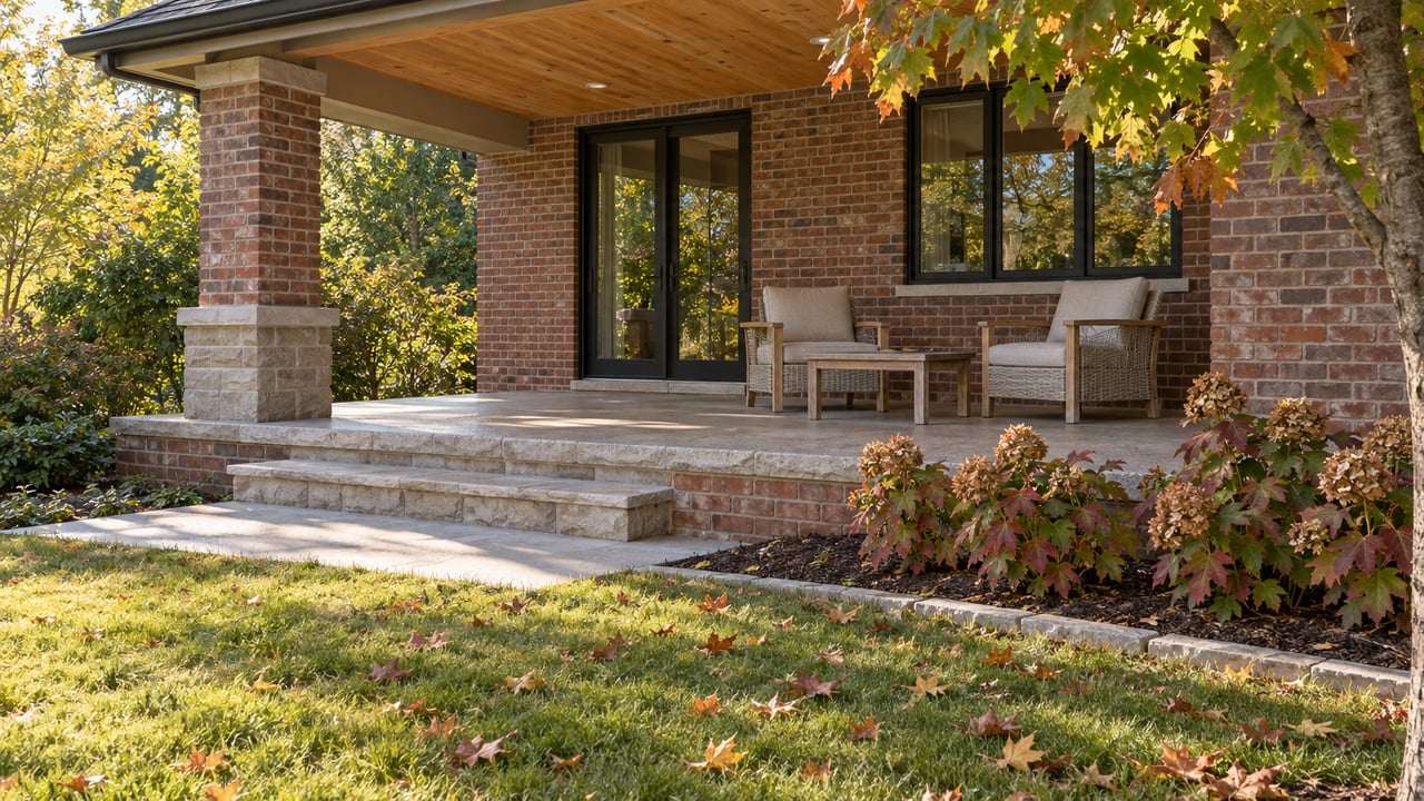 Morning light on a brick home's covered timber-lined porch, limestone steps and autumn garden.