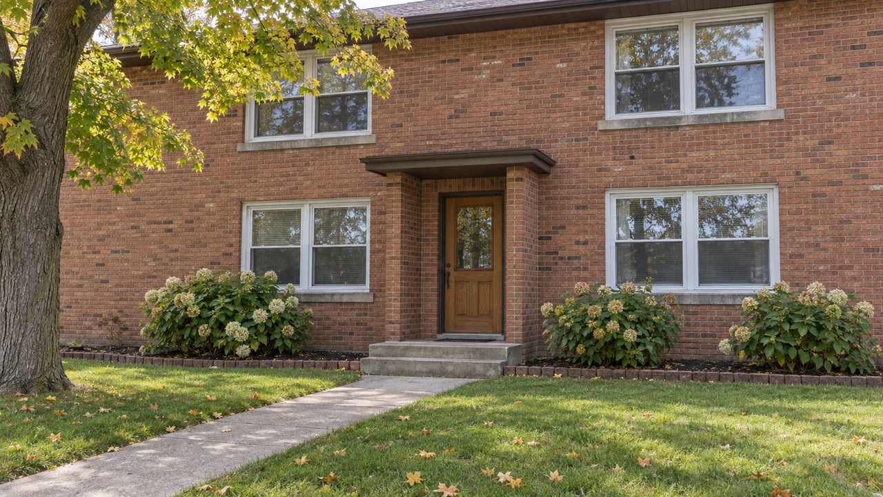 Two-story brick residence with white-framed windows, an oak entry door, a deep lawn and mature maple canopy.