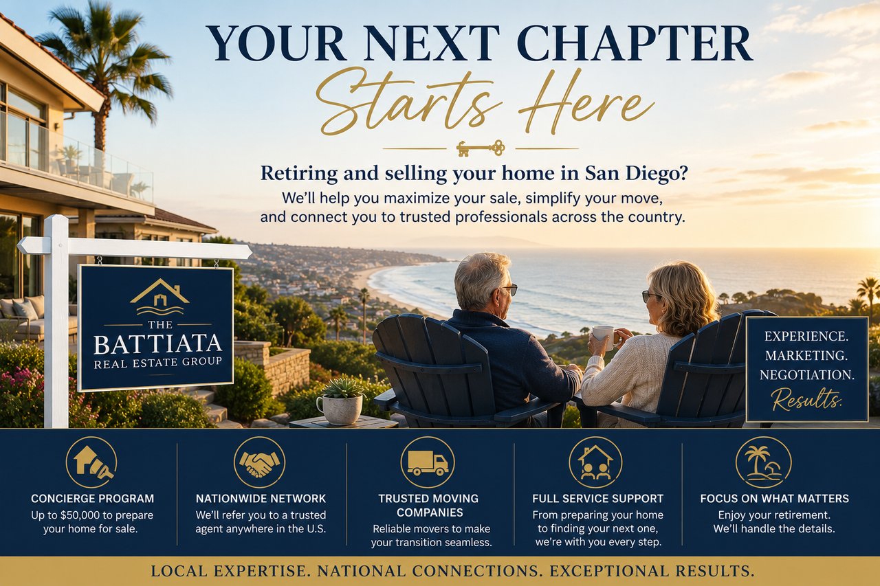 Retired couple overlooking the Pacific Ocean after selling their San Diego home, representing retirement relocation, downsizing, maximizing home equity, and beginning the next chapter with guidance from The Battiata Real Estate Group.