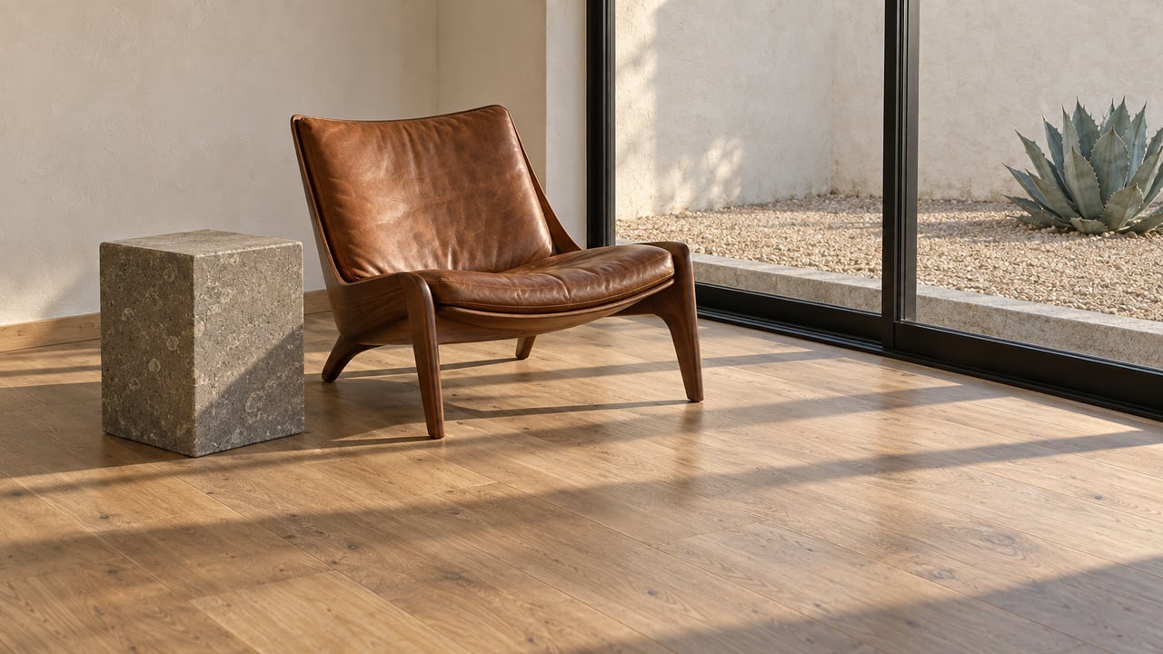 A leather and walnut lounge chair beside a gray limestone table in a sunlit living room with oak flooring and enclosed courtyard glazing.