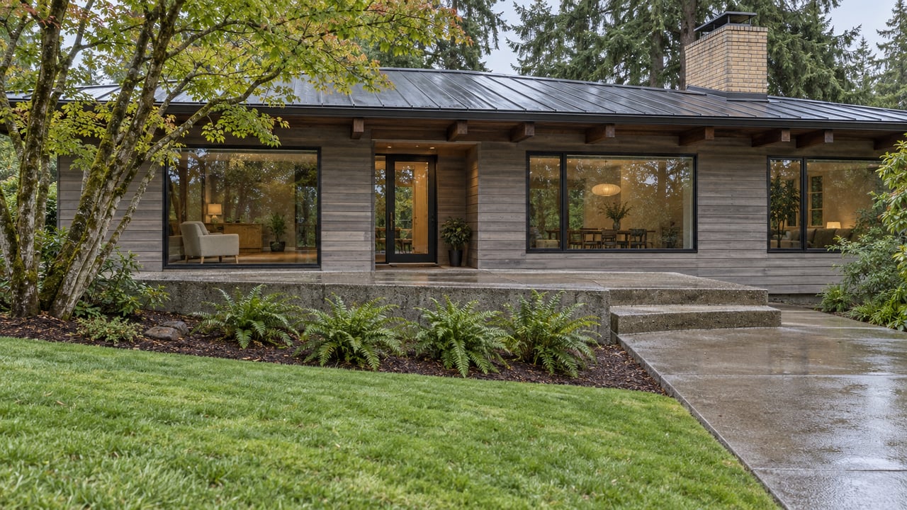 A low cedar-clad home with broad windows, a brick chimney and concrete terrace beyond a sloping lawn, framed by a vine maple and mature conifers after rain.