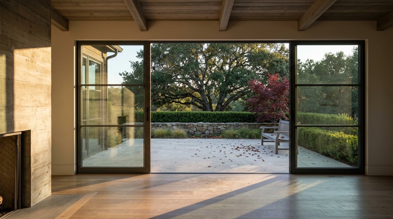 Oak-floored room opens through steel-framed glass doors onto a limestone terrace beneath a live oak canopy.