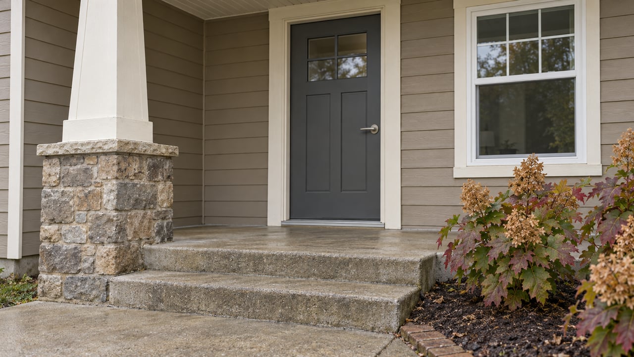 Covered home entry with taupe lap siding, a stone-based tapered porch column, worn concrete steps, and oakleaf hydrangeas.