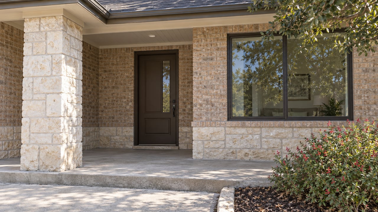 Sunlit limestone and buff-brick porch with a bronze front door, broad window and red-flowering salvia beside the concrete approach.