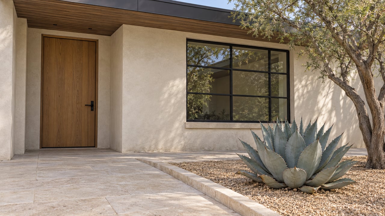 Warm-white home entrance with an oak-toned door, black-grid window, limestone approach, blue-grey agave and twisting desert ironwood.