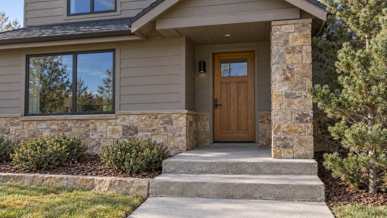 A recessed oak front door beneath a gabled porch, with buff sandstone, taupe siding and concrete steps bordered by low planting.