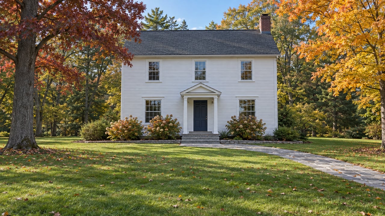 White clapboard house with a blue front door, granite entry steps and deep lawn framed by mature autumn trees.