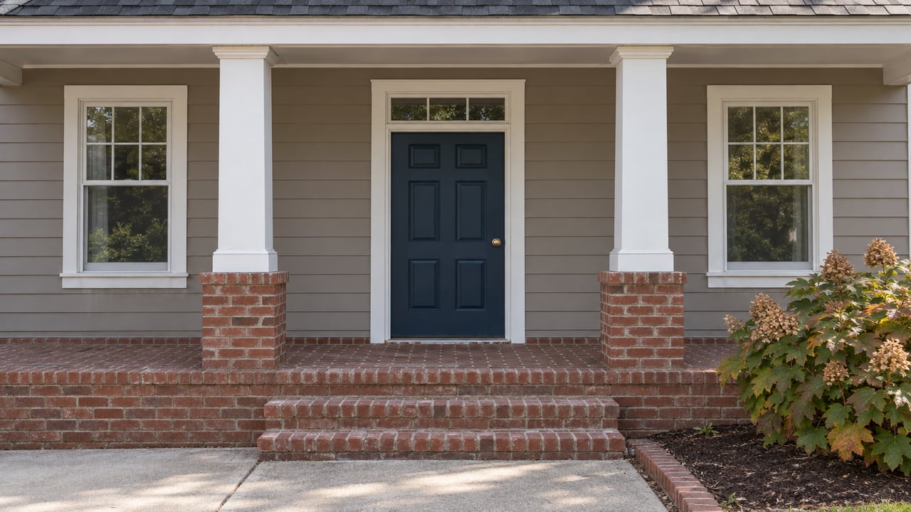Close view of a taupe-sided home with a navy front door, white porch columns, red-brick steps and an oakleaf hydrangea beginning to bronze.