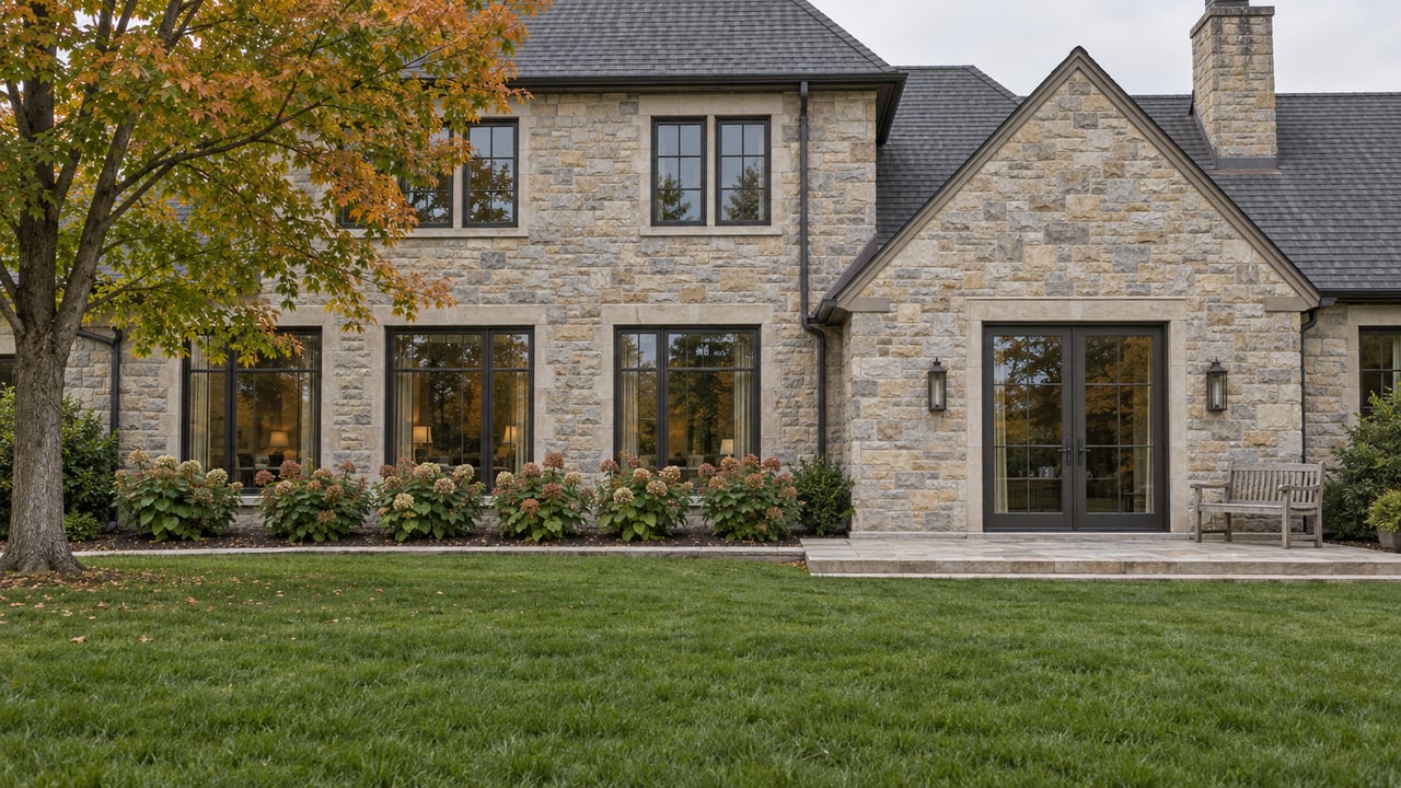 Stone home with steep charcoal gables and dark-framed windows across a broad autumn lawn, with a raised limestone terrace and oakleaf hydrangeas.