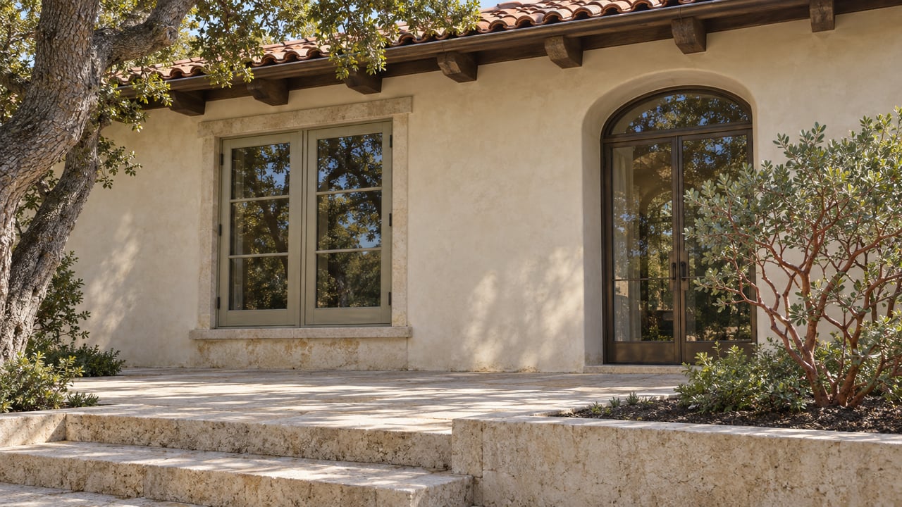 Clay-tile roof and ivory stucco above paired French windows and a glazed arched doorway, overlooking a limestone garden terrace with oak and manzanita.