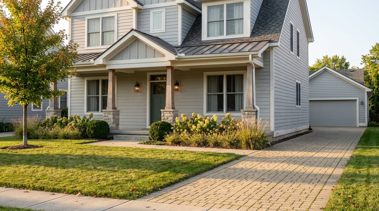 Two-story gray house with a covered porch, green front door, detached garage, and maple tree.