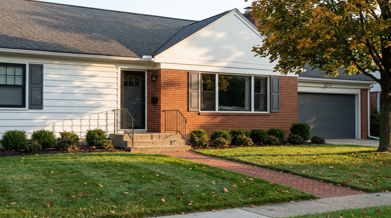 Brick-and-white-siding house beyond a sloped lawn, with a herringbone walkway and gold-edged maple leaves.