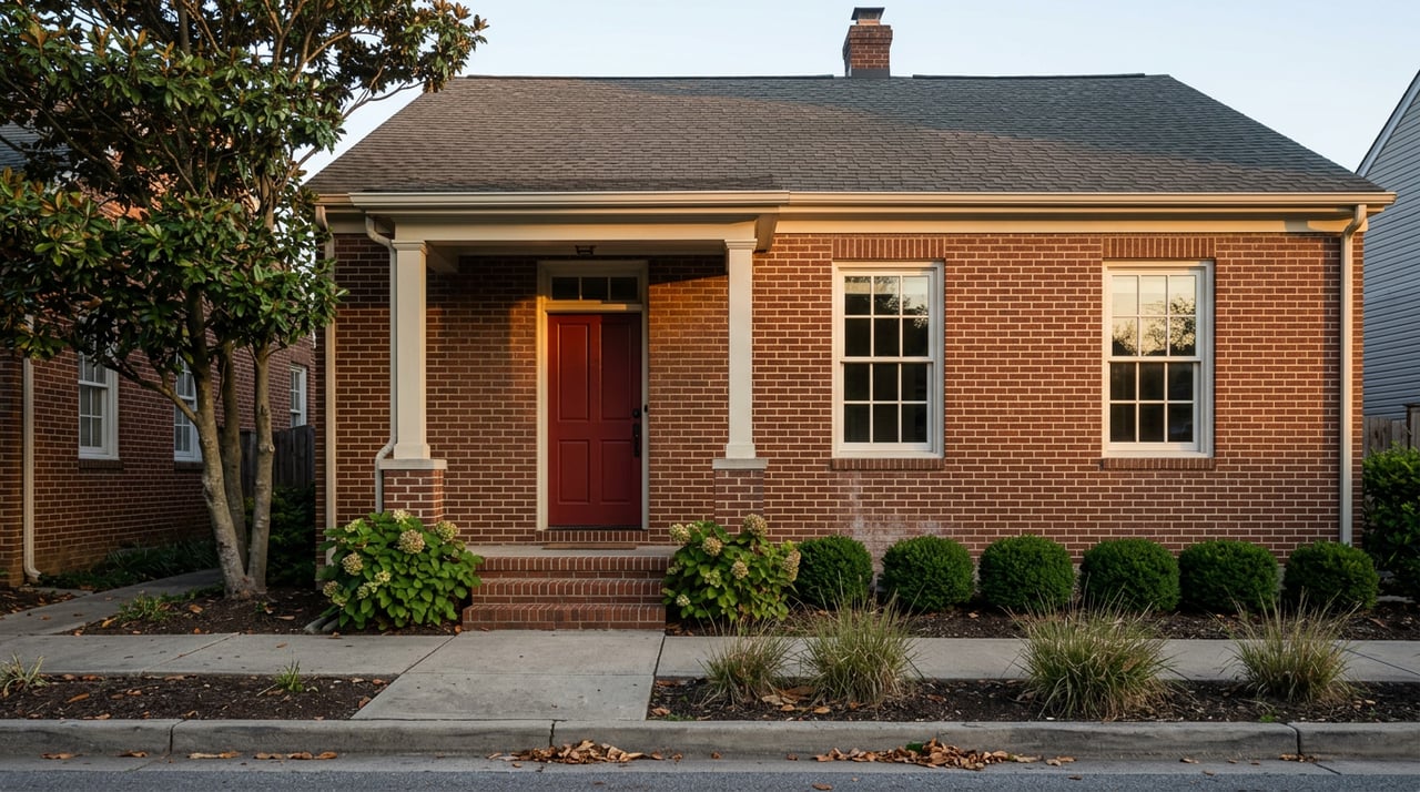 Red-brown brick home with a red door, white porch posts, stacked windows, and a chimney above clipped shrubs.