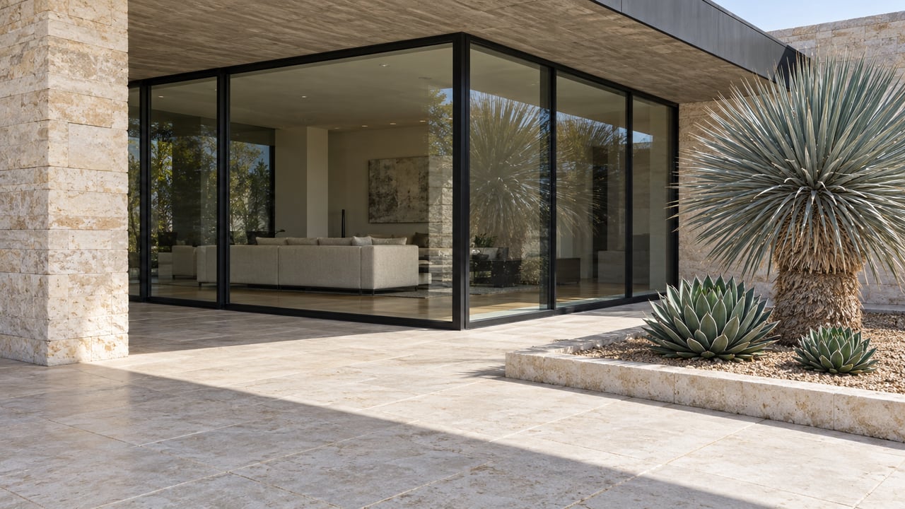 Sunlit limestone terrace beside a glazed living-room corner, with a sculptural yucca and two small agaves in a raised-edge gravel bed.
