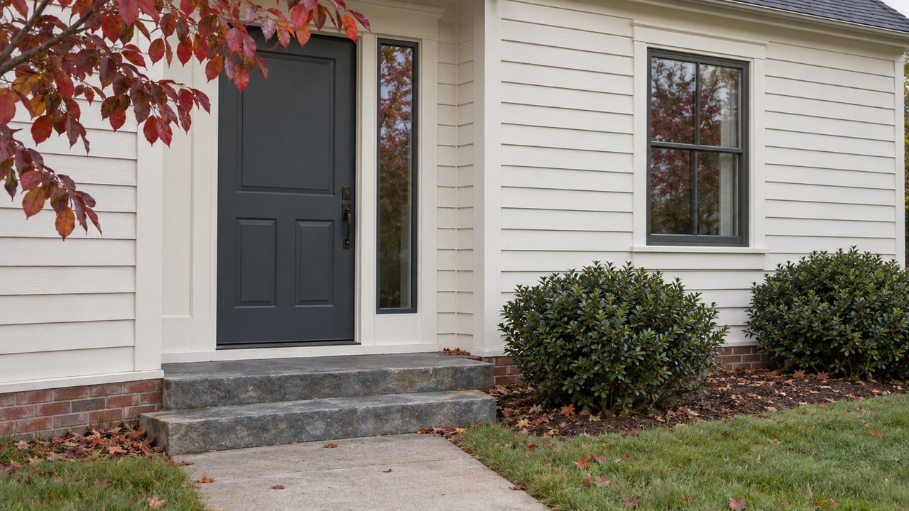 Warm-white clapboard house with a closed front door, bluestone steps, and burgundy and scarlet leaves.