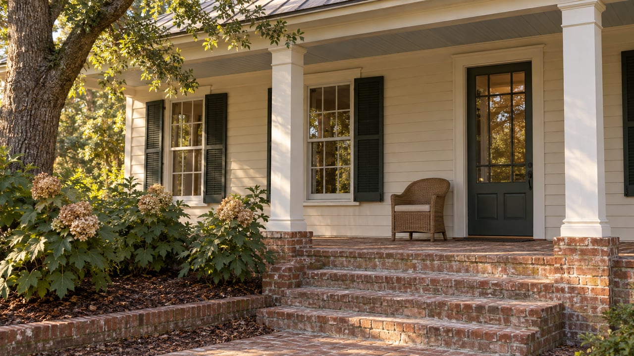 Brick steps lead to a broad shaded porch with cream clapboards, dark green shutters and oakleaf hydrangeas.
