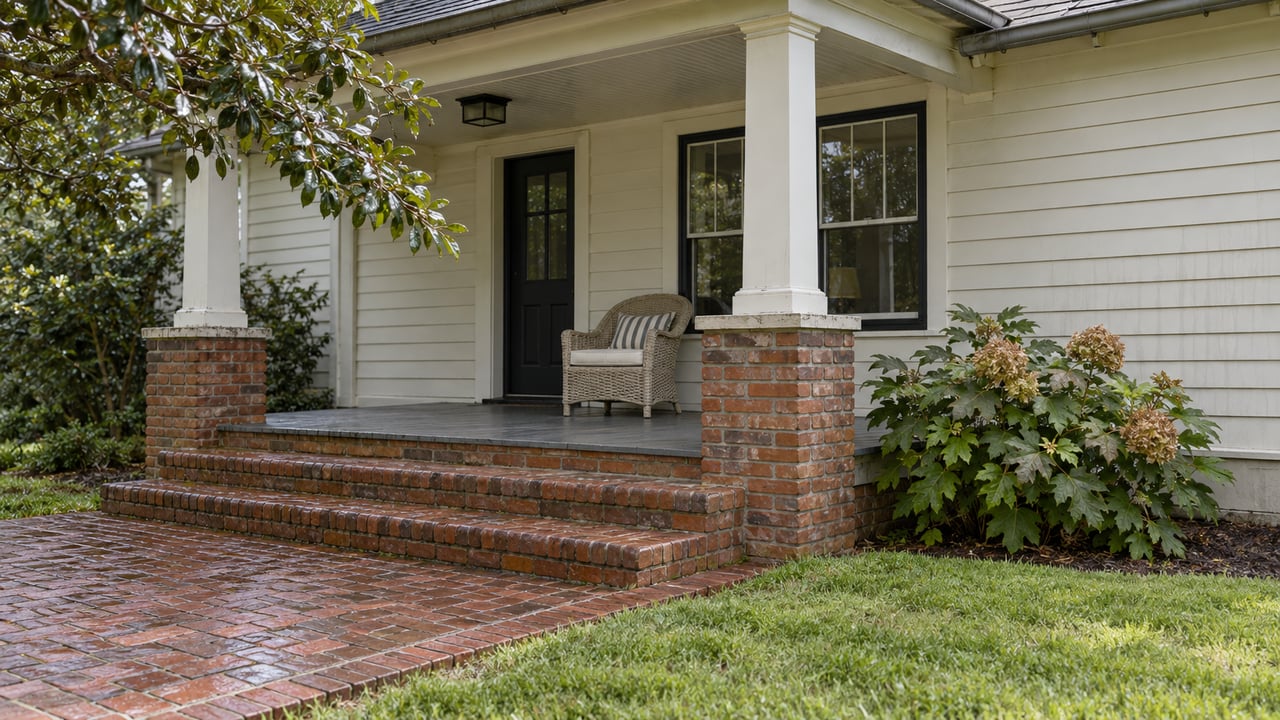Cream clapboard home with a covered porch, worn brick steps and an oakleaf hydrangea beside a green lawn.