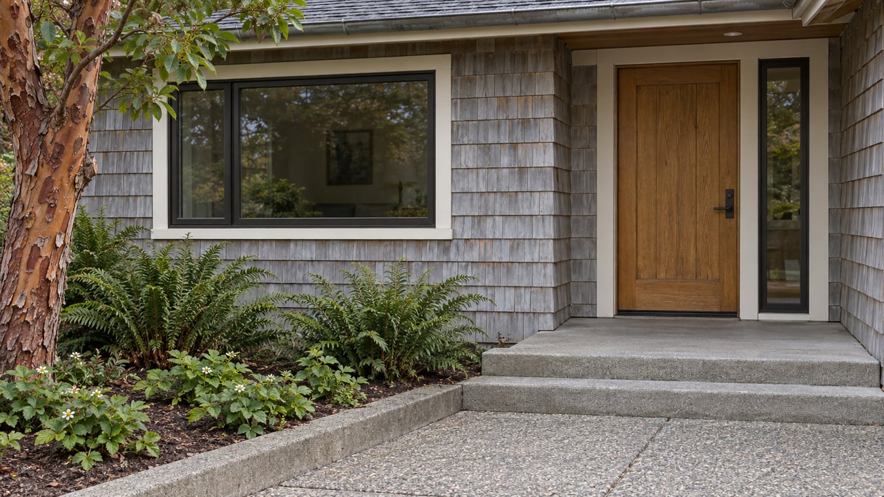 Weathered cedar-shingle cottage entry with an oak door, bronze-framed window, concrete steps and native ferns beside a peeling reddish tree trunk.