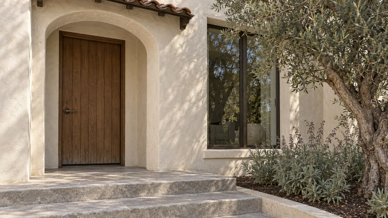 Arched ivory stucco entrance with an oak door, bronze-framed window, limestone steps, and a mature olive tree.