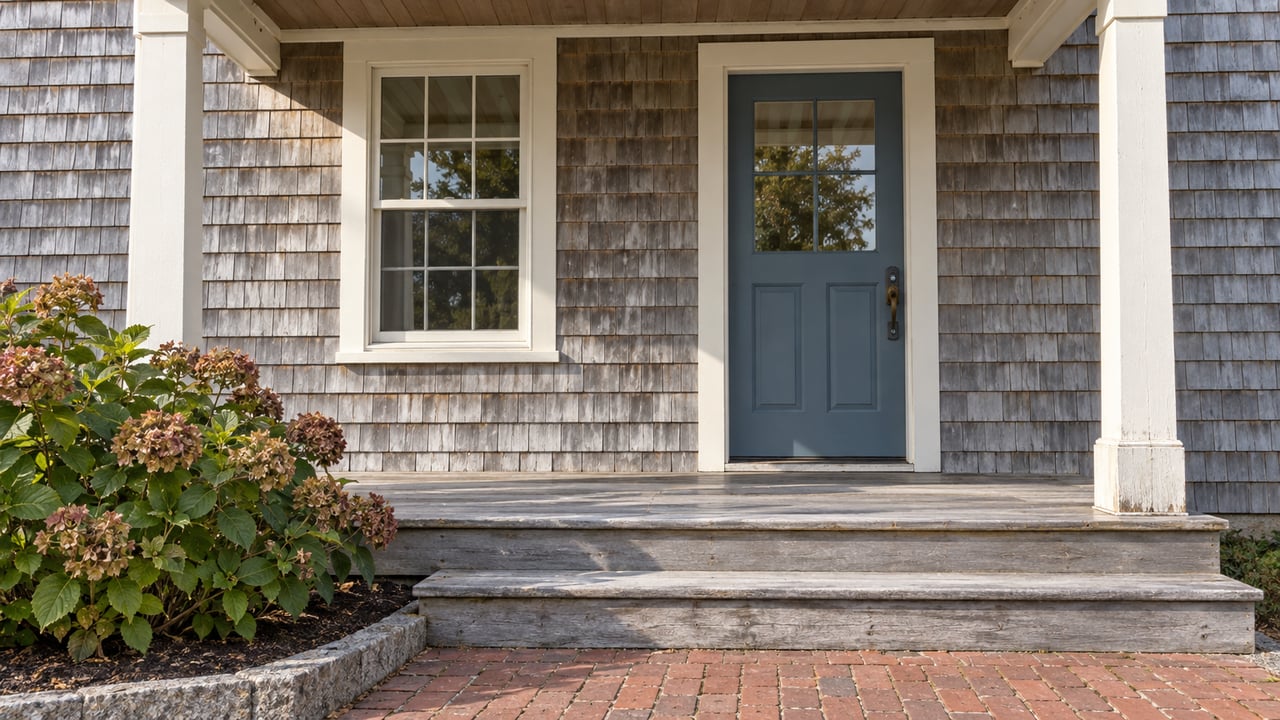 Weathered cedar cottage entry with a muted blue door, ivory porch posts, gray wood steps and a faded flowering hydrangea beside a brick approach.