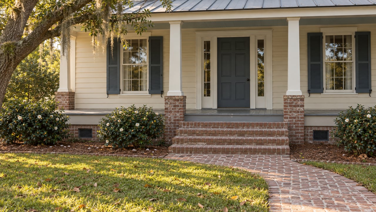An ivory clapboard home with a raised porch, brick garden approach, blue-gray shutters, and a live oak limb overhead.